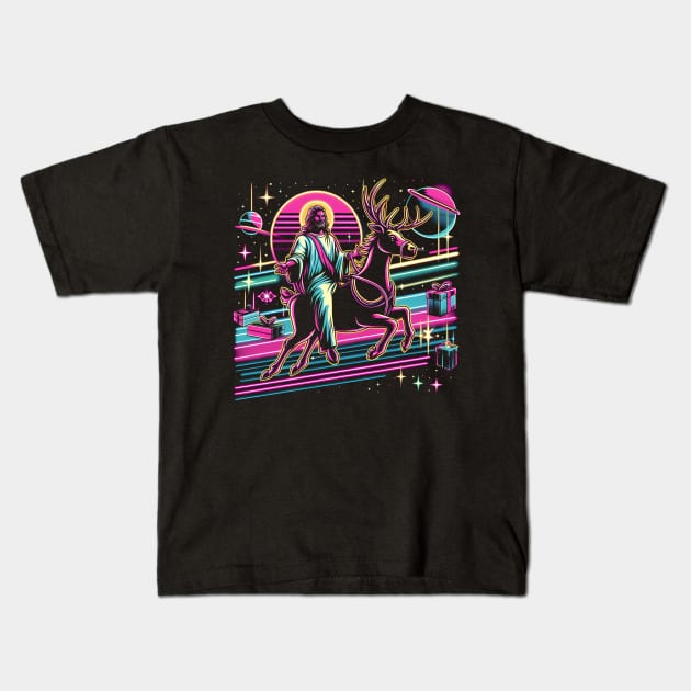 COOL JESUS RIDING RAINDEER UNIVERSE RETRO 80'S NEON VIBE Kids T-Shirt by athirdcreatives